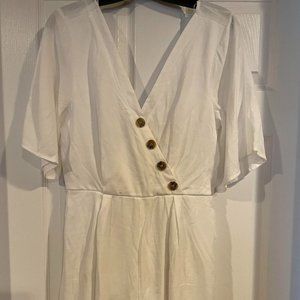 White cover up/romper with brown button front detail